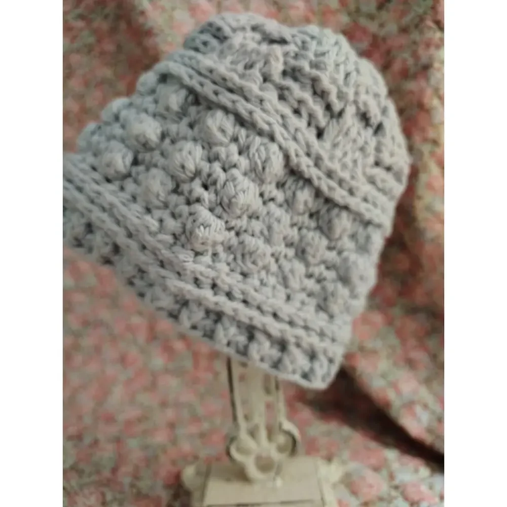Knitted Infant Baby Gray Beanie Hat, Homemade Amish